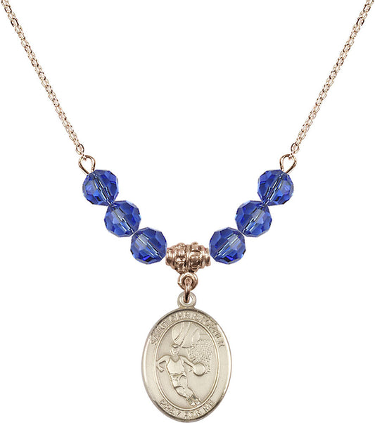 14kt Gold Filled Saint Sebastian/Basketball Birthstone Necklace with Sapphire Beads - 8602