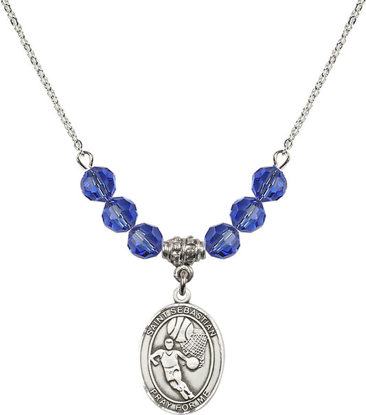 Sterling Silver Saint Sebastian/Basketball Birthstone Necklace with Sapphire Beads - 8602