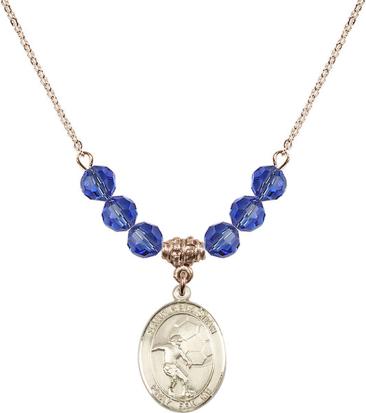 14kt Gold Filled Saint Sebastian / Soccer Birthstone Necklace with Sapphire Beads - 8603