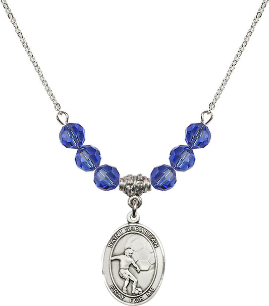 Sterling Silver Saint Sebastian / Soccer Birthstone Necklace with Sapphire Beads - 8603