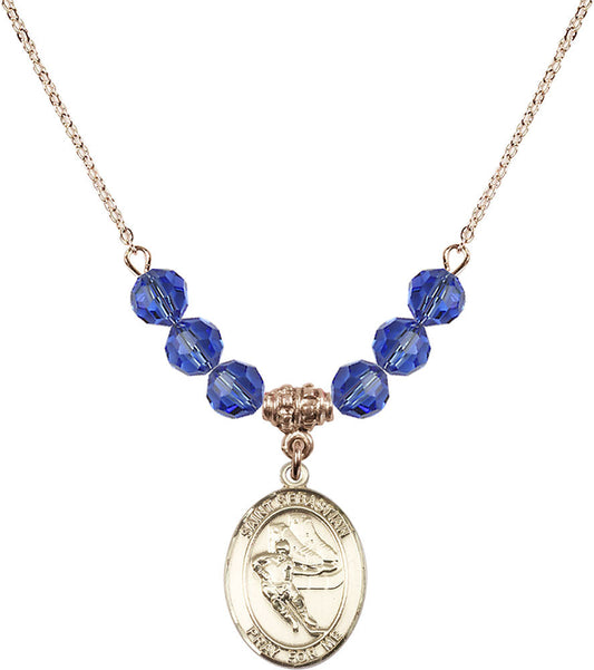 14kt Gold Filled Saint Sebastian / Hockey Birthstone Necklace with Sapphire Beads - 8604