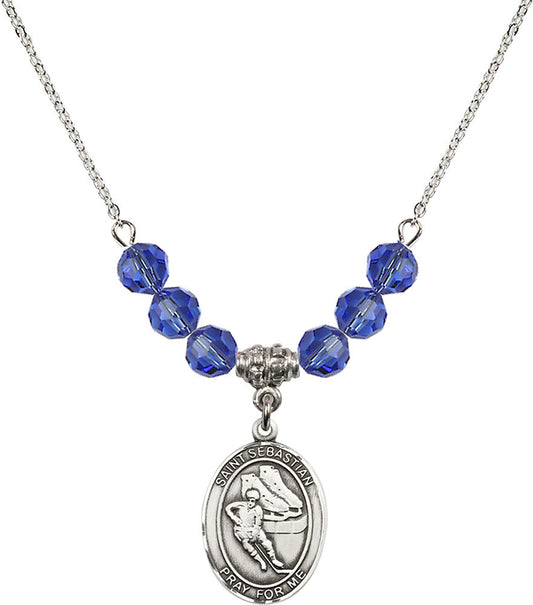 Sterling Silver Saint Sebastian / Hockey Birthstone Necklace with Sapphire Beads - 8604