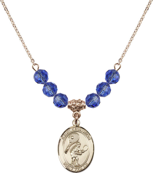 14kt Gold Filled Saint Sebastian / Tennis Birthstone Necklace with Sapphire Beads - 8605