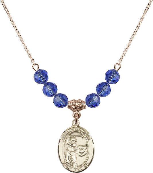 14kt Gold Filled Saint Sebastian / Golf Birthstone Necklace with Sapphire Beads - 8606