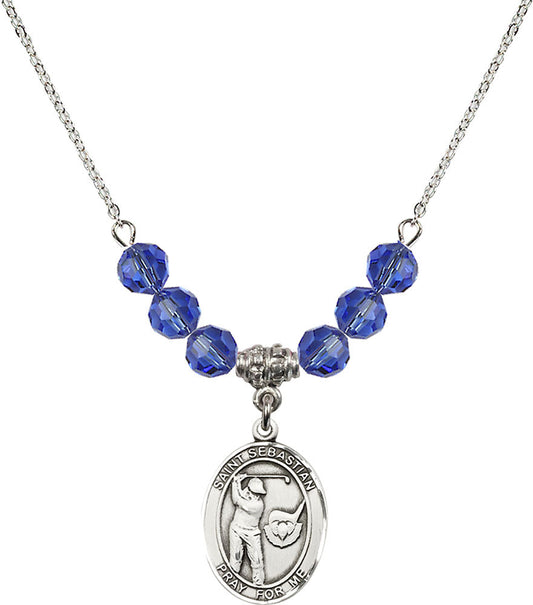 Sterling Silver Saint Sebastian / Golf Birthstone Necklace with Sapphire Beads - 8606