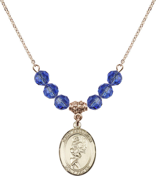 14kt Gold Filled Saint Sebastian/Softball Birthstone Necklace with Sapphire Beads - 8607