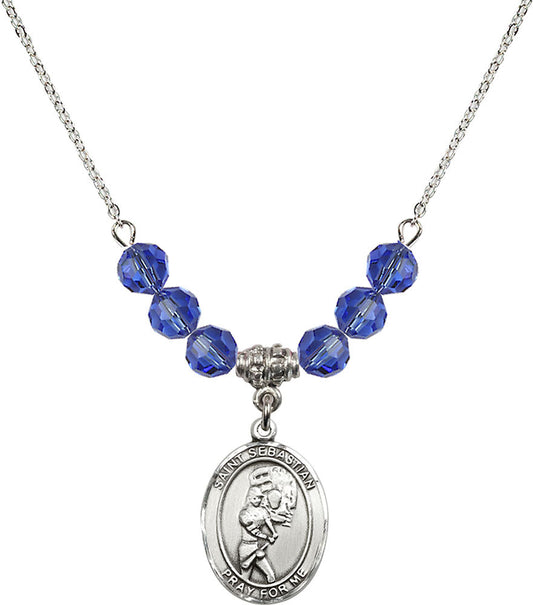 Sterling Silver Saint Sebastian/Softball Birthstone Necklace with Sapphire Beads - 8607
