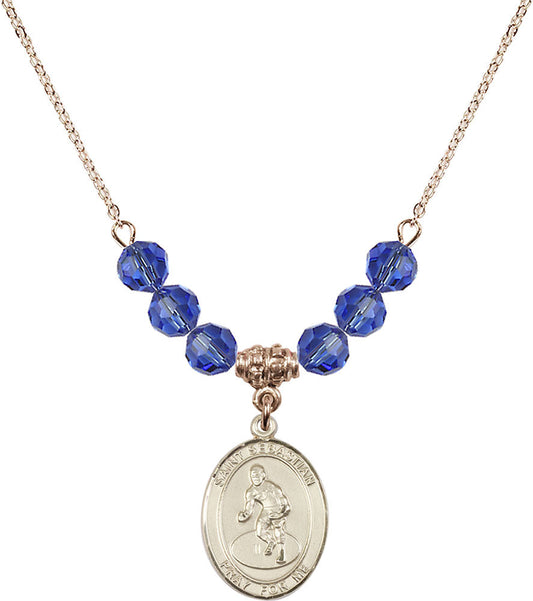 14kt Gold Filled Saint Sebastian/Wrestling Birthstone Necklace with Sapphire Beads - 8608