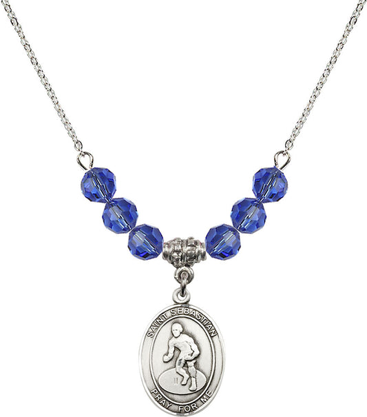 Sterling Silver Saint Sebastian/Wrestling Birthstone Necklace with Sapphire Beads - 8608