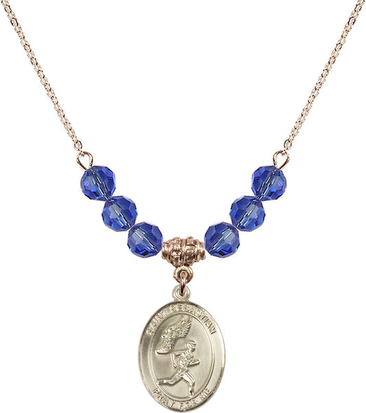 14kt Gold Filled Saint Sebastian /Track&Field-Men Birthstone Necklace with Sapphire Beads - 8609
