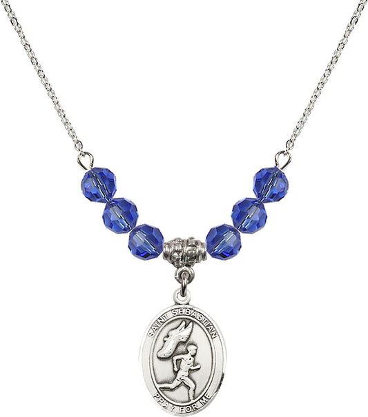 Sterling Silver Saint Sebastian /Track&Field-Men Birthstone Necklace with Sapphire Beads - 8609