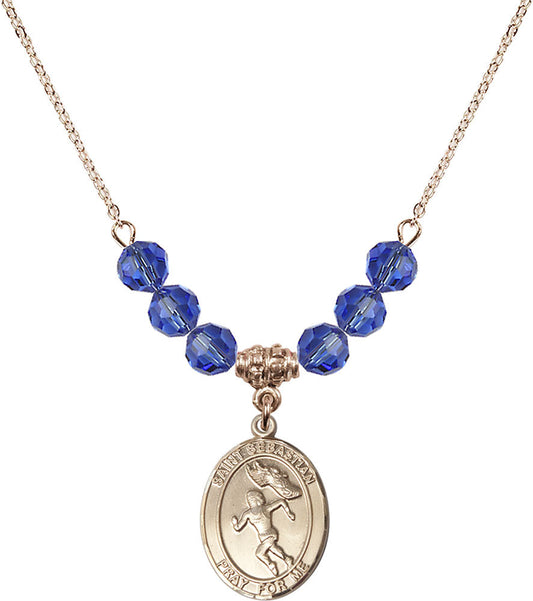 14kt Gold Filled Saint Sebastian /Track&Field-Women Birthstone Necklace with Sapphire Beads - 8610