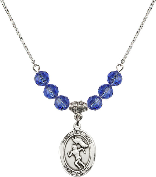 Sterling Silver Saint Sebastian /Track&Field-Women Birthstone Necklace with Sapphire Beads - 8610