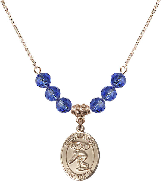 14kt Gold Filled Saint Sebastian/Swimming Birthstone Necklace with Sapphire Beads - 8611