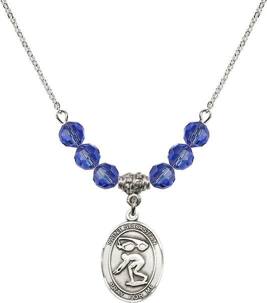 Sterling Silver Saint Sebastian/Swimming Birthstone Necklace with Sapphire Beads - 8611