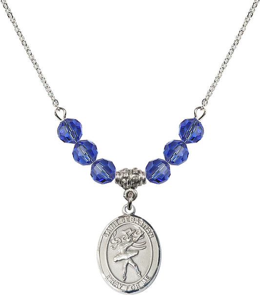 Sterling Silver Saint Sebastian / Dance Birthstone Necklace with Sapphire Beads - 8612