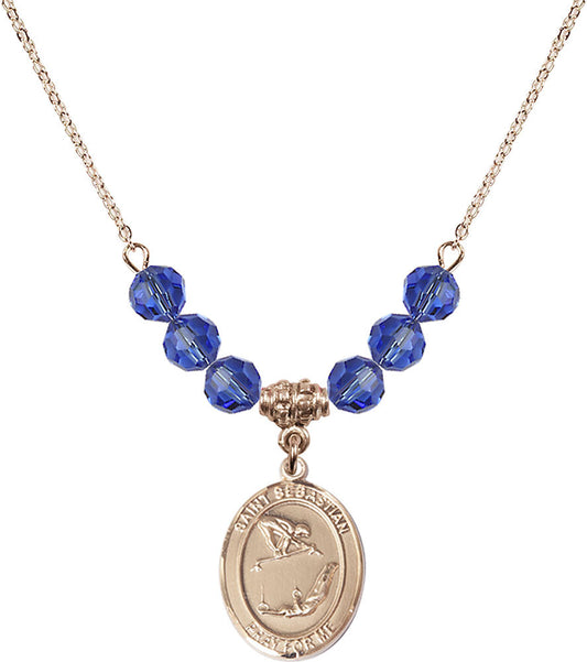 14kt Gold Filled Saint Sebastian/Gymnastics Birthstone Necklace with Sapphire Beads - 8613