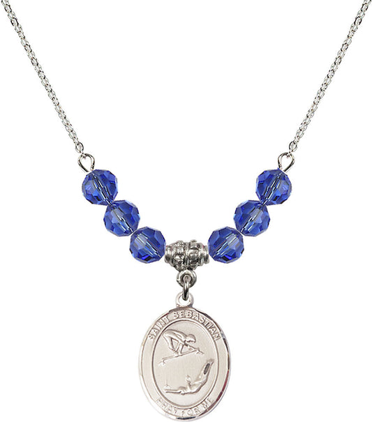 Sterling Silver Saint Sebastian/Gymnastics Birthstone Necklace with Sapphire Beads - 8613