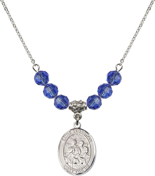 Sterling Silver Saint Sebastian / Choir Birthstone Necklace with Sapphire Beads - 8614