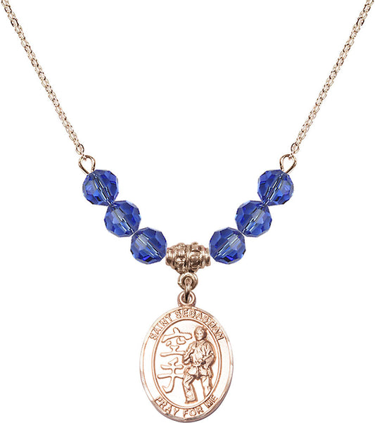 14kt Gold Filled Saint Sebastian/Karate Birthstone Necklace with Sapphire Beads - 8615