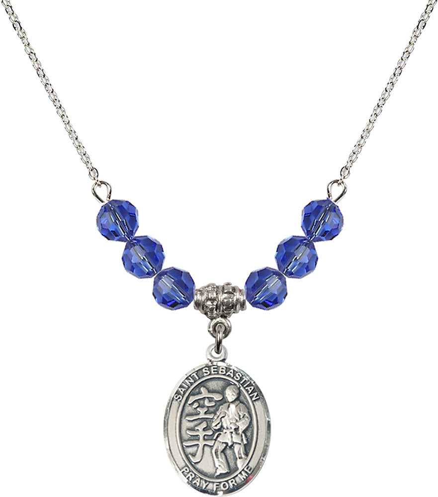 Sterling Silver Saint Sebastian/Karate Birthstone Necklace with Sapphire Beads - 8615