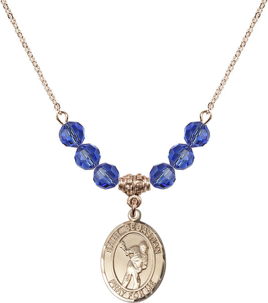 14kt Gold Filled Saint Sebastian/Lacrosse Birthstone Necklace with Sapphire Beads - 8616