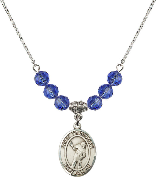 Sterling Silver Saint Sebastian/Lacrosse Birthstone Necklace with Sapphire Beads - 8616