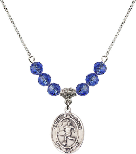 Sterling Silver Saint Sebastian/Soccer-Women Birthstone Necklace with Sapphire Beads - 8617