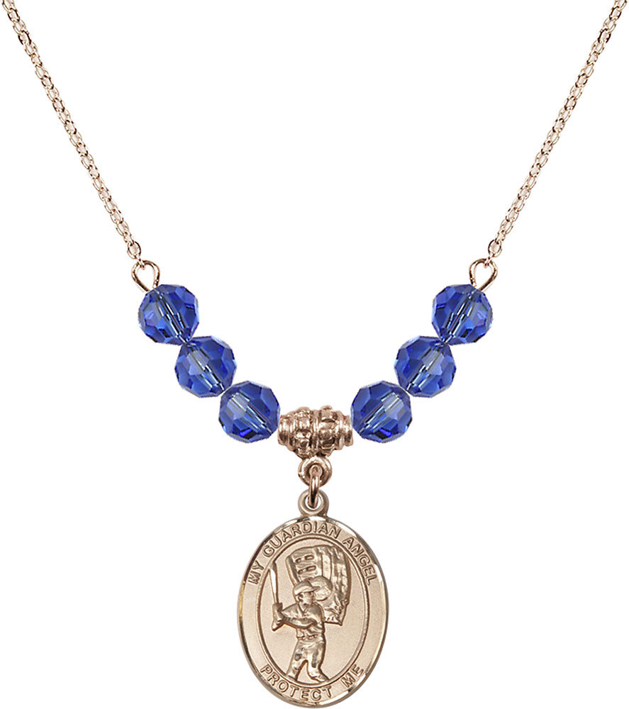 14kt Gold Filled Guardian Angel/Baseball Birthstone Necklace with Sapphire Beads - 8700