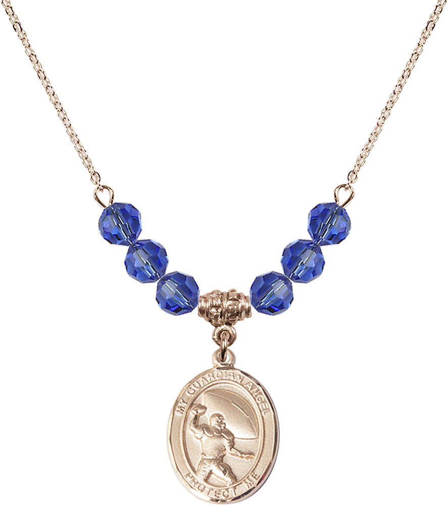 14kt Gold Filled Guardian Angel/Football Birthstone Necklace with Sapphire Beads - 8701