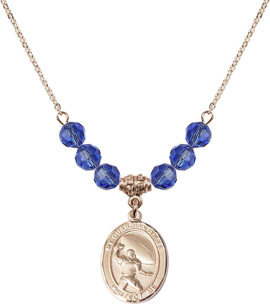 14kt Gold Filled Guardian Angel/Football Birthstone Necklace with Sapphire Beads - 8701