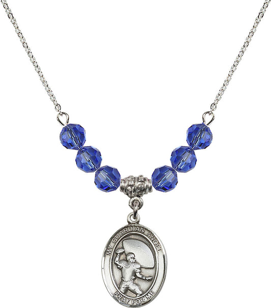 Sterling Silver Guardian Angel/Football Birthstone Necklace with Sapphire Beads - 8701