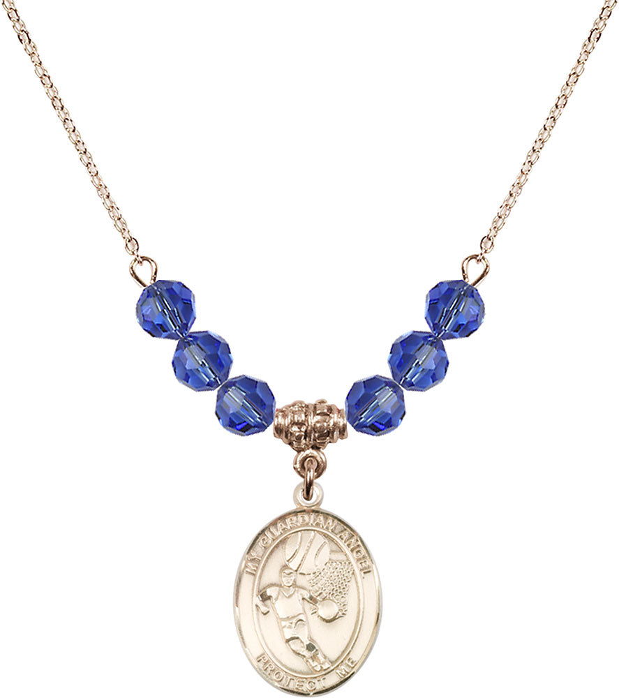 14kt Gold Filled Guardian Angel/Basketball Birthstone Necklace with Sapphire Beads - 8702