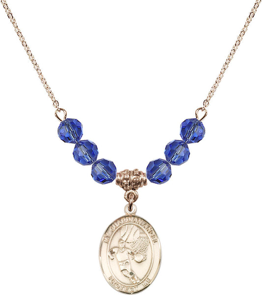 14kt Gold Filled Guardian Angel/Basketball Birthstone Necklace with Sapphire Beads - 8702
