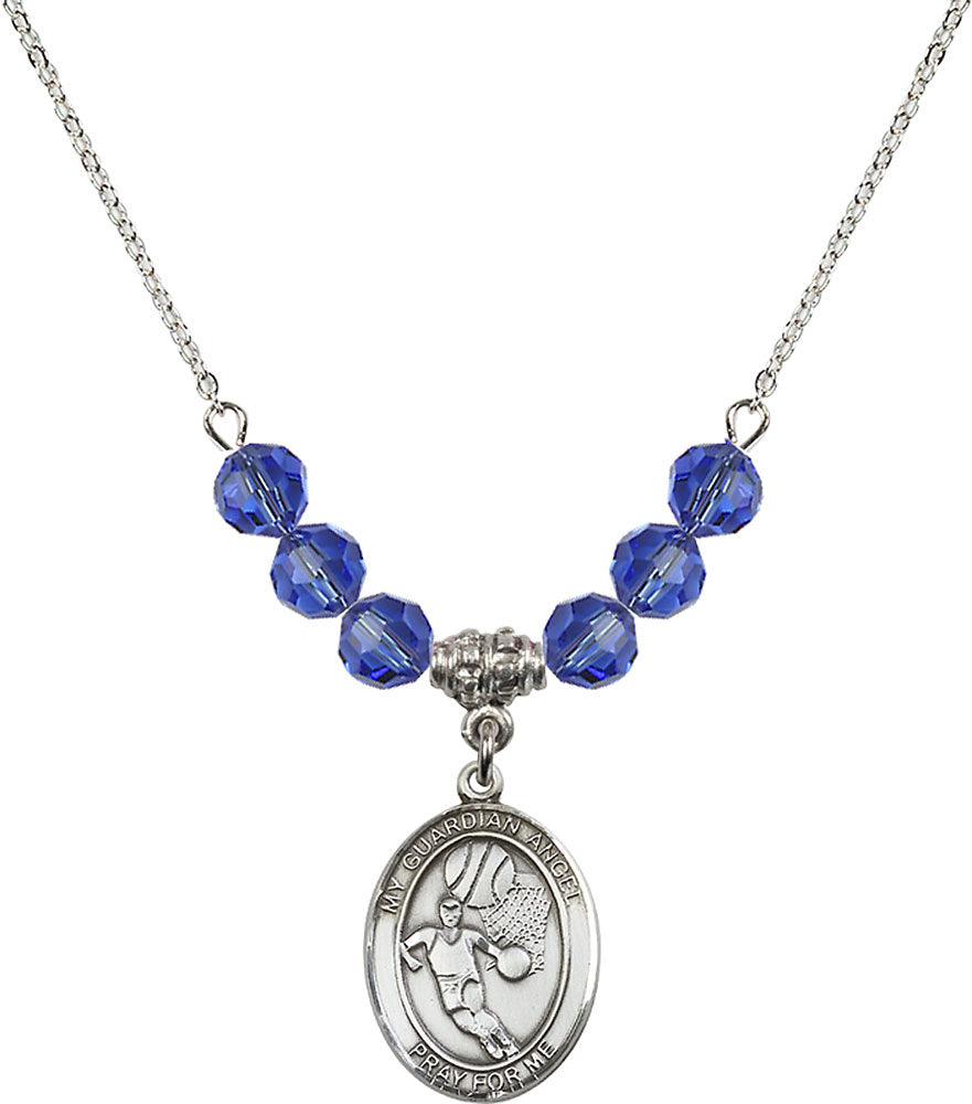 Sterling Silver Guardian Angel/Basketball Birthstone Necklace with Sapphire Beads - 8702