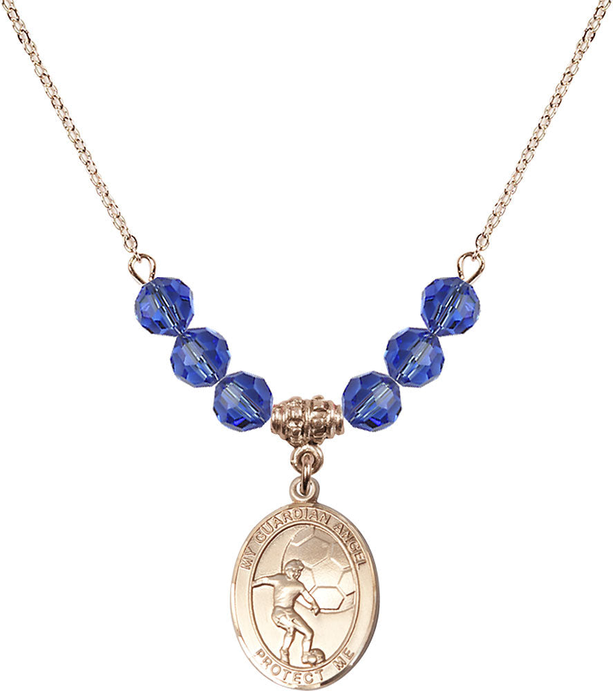 14kt Gold Filled Guardian Angel/Soccer Birthstone Necklace with Sapphire Beads - 8703