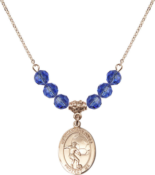 14kt Gold Filled Guardian Angel/Soccer Birthstone Necklace with Sapphire Beads - 8703