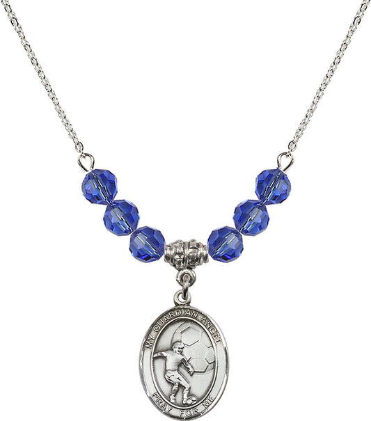 Sterling Silver Guardian Angel/Soccer Birthstone Necklace with Sapphire Beads - 8703