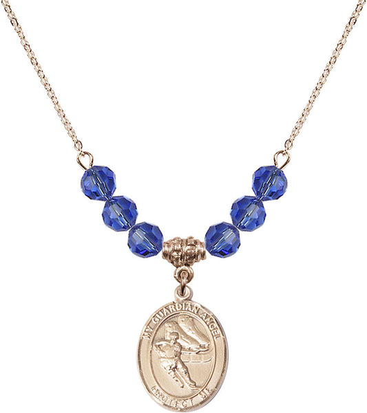 14kt Gold Filled Guardian Angel/Hockey Birthstone Necklace with Sapphire Beads - 8704