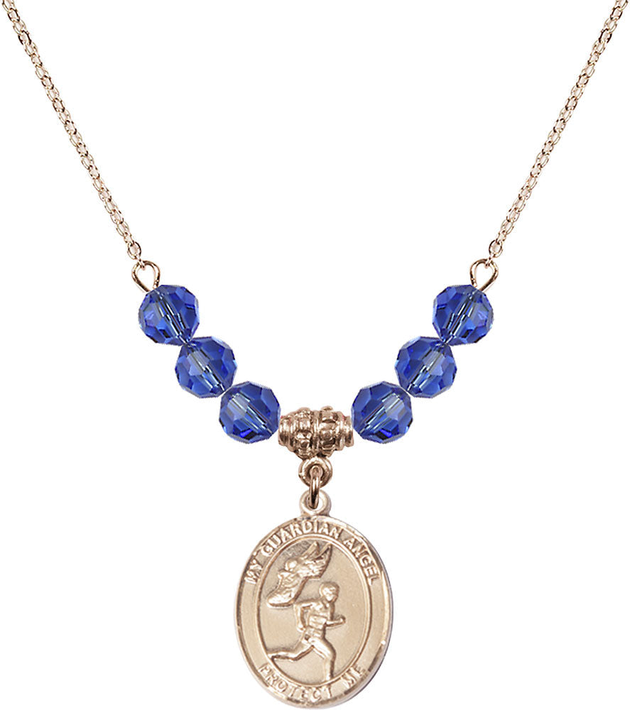 14kt Gold Filled Guardian Angel/Track&Field-Men Birthstone Necklace with Sapphire Beads - 8709