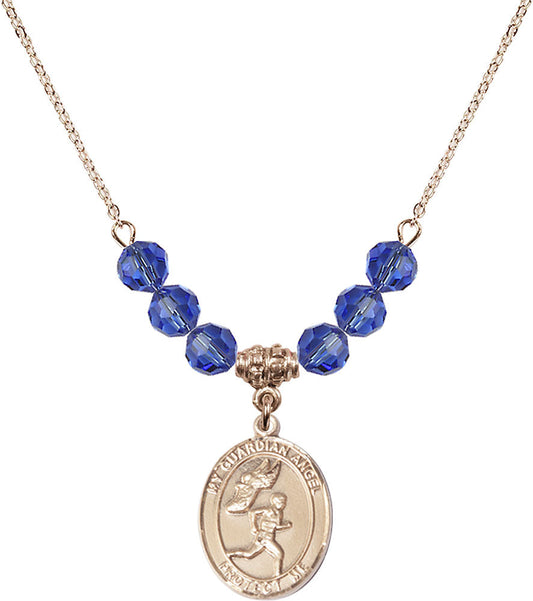 14kt Gold Filled Guardian Angel/Track&Field-Men Birthstone Necklace with Sapphire Beads - 8709
