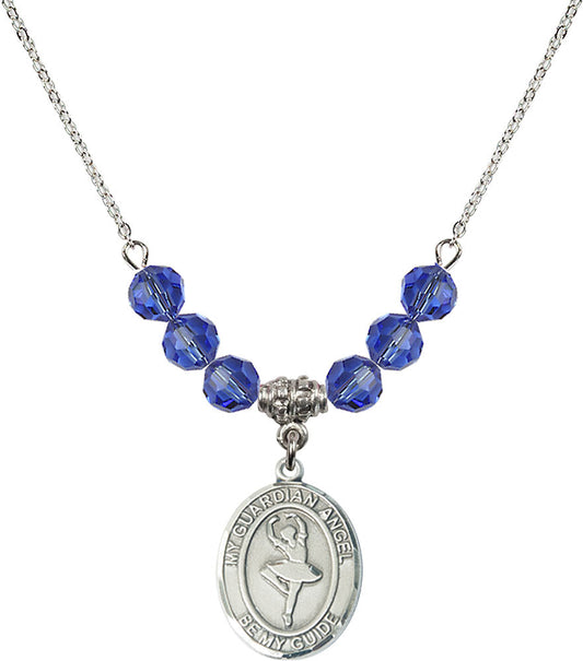 Sterling Silver Guardian Angel/Dance Birthstone Necklace with Sapphire Beads - 8712