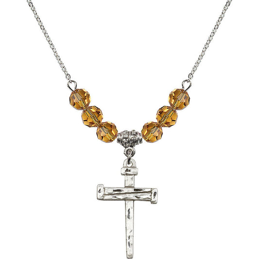 Sterling Silver Nail Cross Birthstone Necklace with Topaz Beads - 0013
