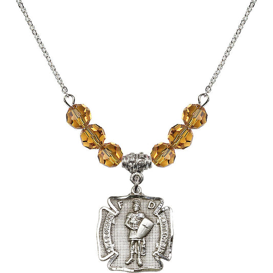 Sterling Silver Saint Florian Birthstone Necklace with Topaz Beads - 0070