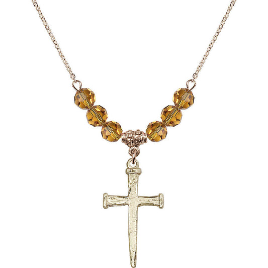 14kt Gold Filled Nail Cross Birthstone Necklace with Topaz Beads - 0085