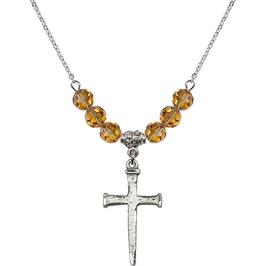 Sterling Silver Nail Cross Birthstone Necklace with Topaz Beads - 0085