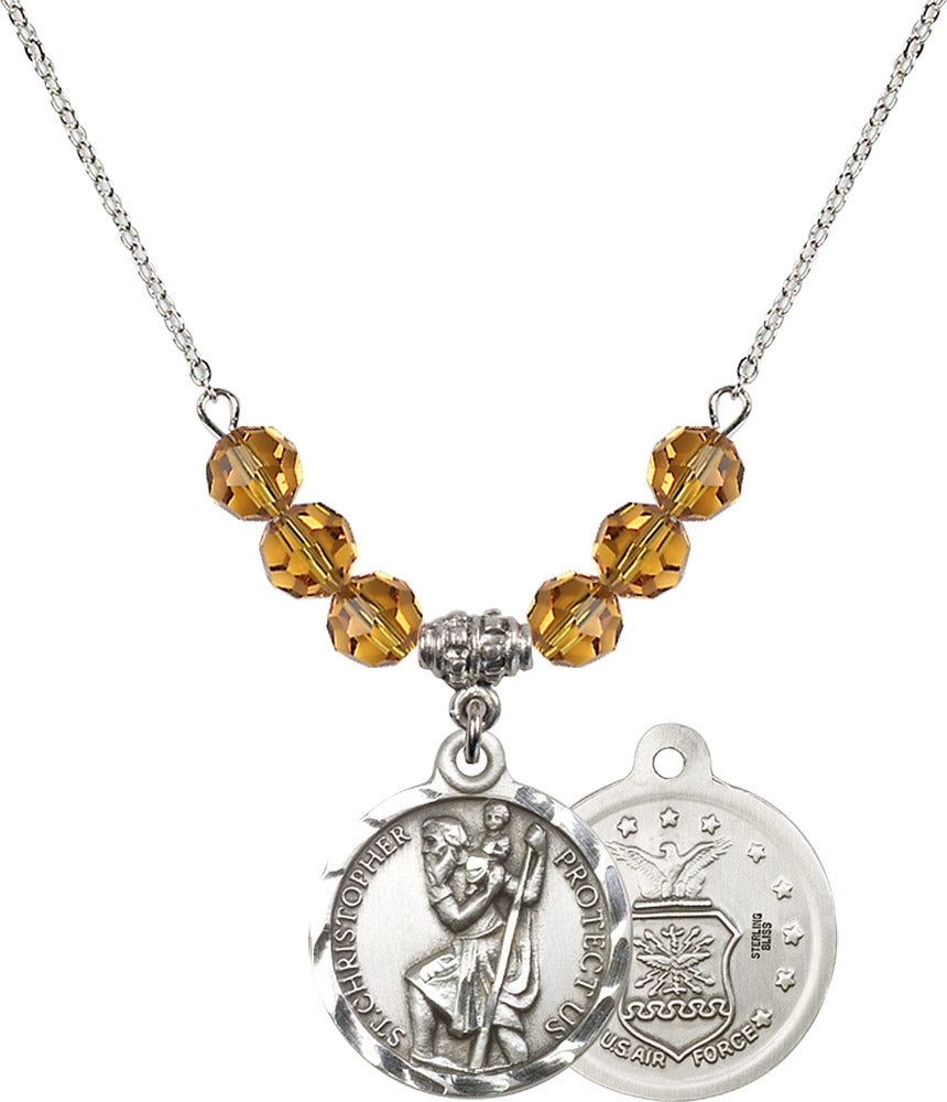 Sterling Silver Saint Christopher / Air Force Birthstone Necklace with Topaz Beads - 0192