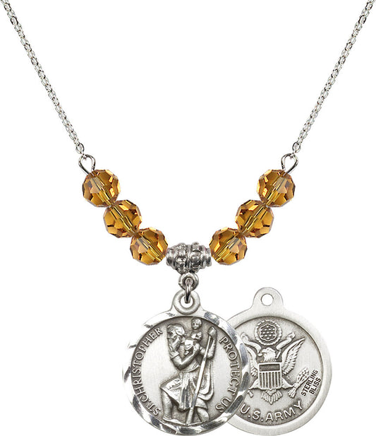 Sterling Silver Saint Christopher / Army Birthstone Necklace with Topaz Beads - 0192
