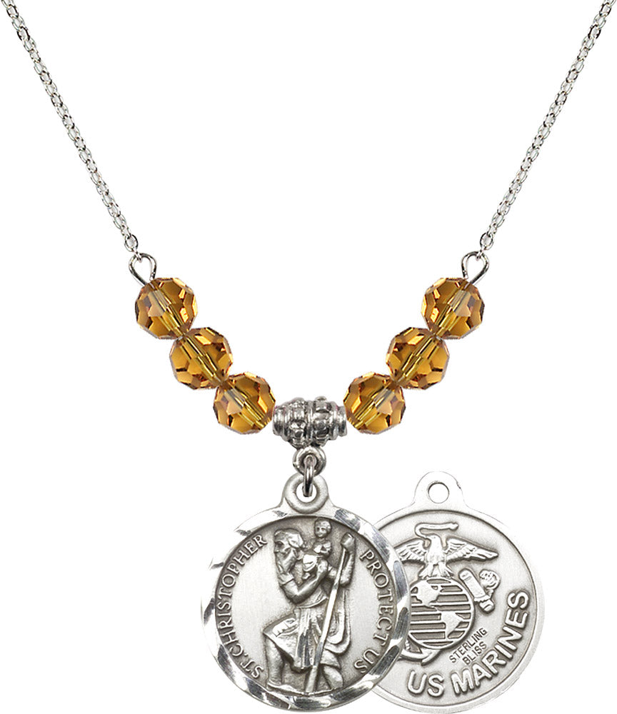 Sterling Silver Saint Christopher / Marines Birthstone Necklace with Topaz Beads - 0192