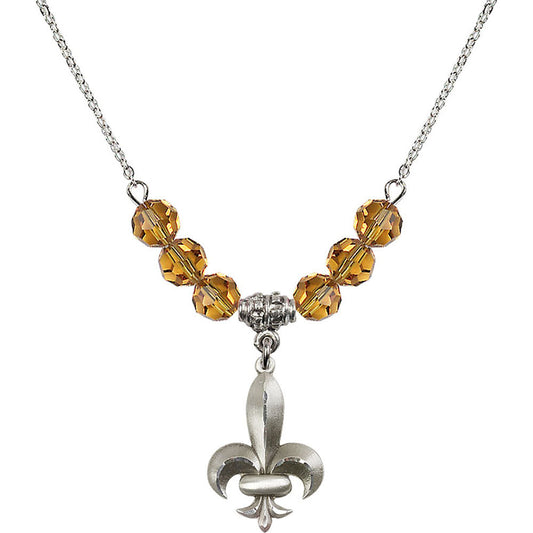 Sterling Silver Fleur de Lis Birthstone Necklace with Topaz Beads - 0294